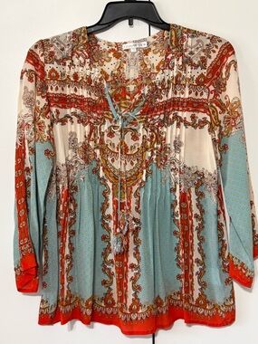 Love Tree Multi-Color Paisley Tie-Front Peasant Tunic